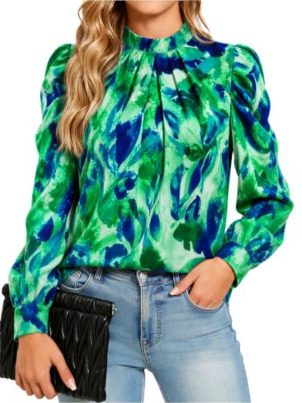 Puff Long Sleeve Mock Neck Blouse Pleated Tunic Top Work Casual